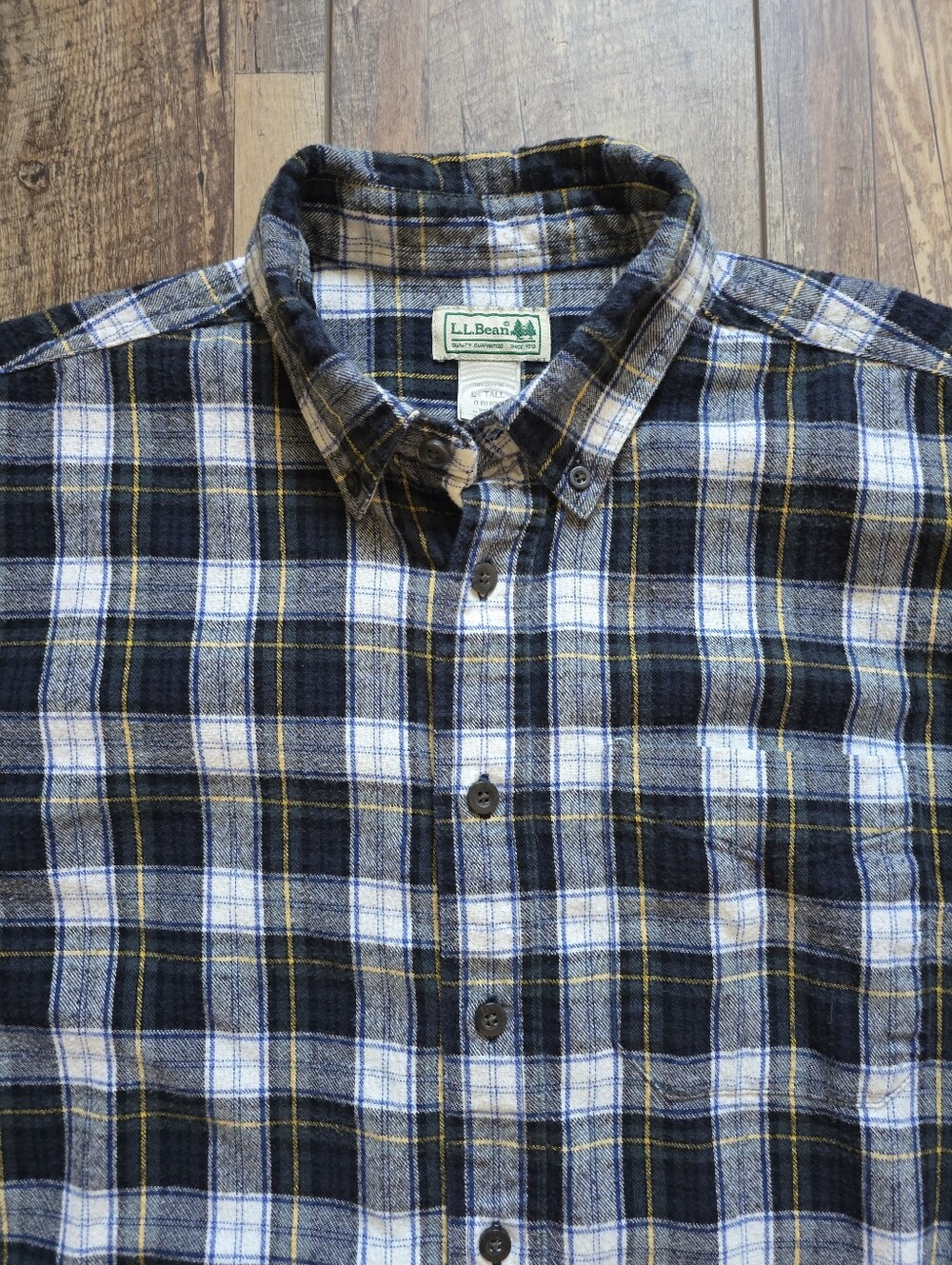 L.L. Bean - Scotch Plaid Flannel Shirt - Large Tall - Navy Green Yellow Plaid
